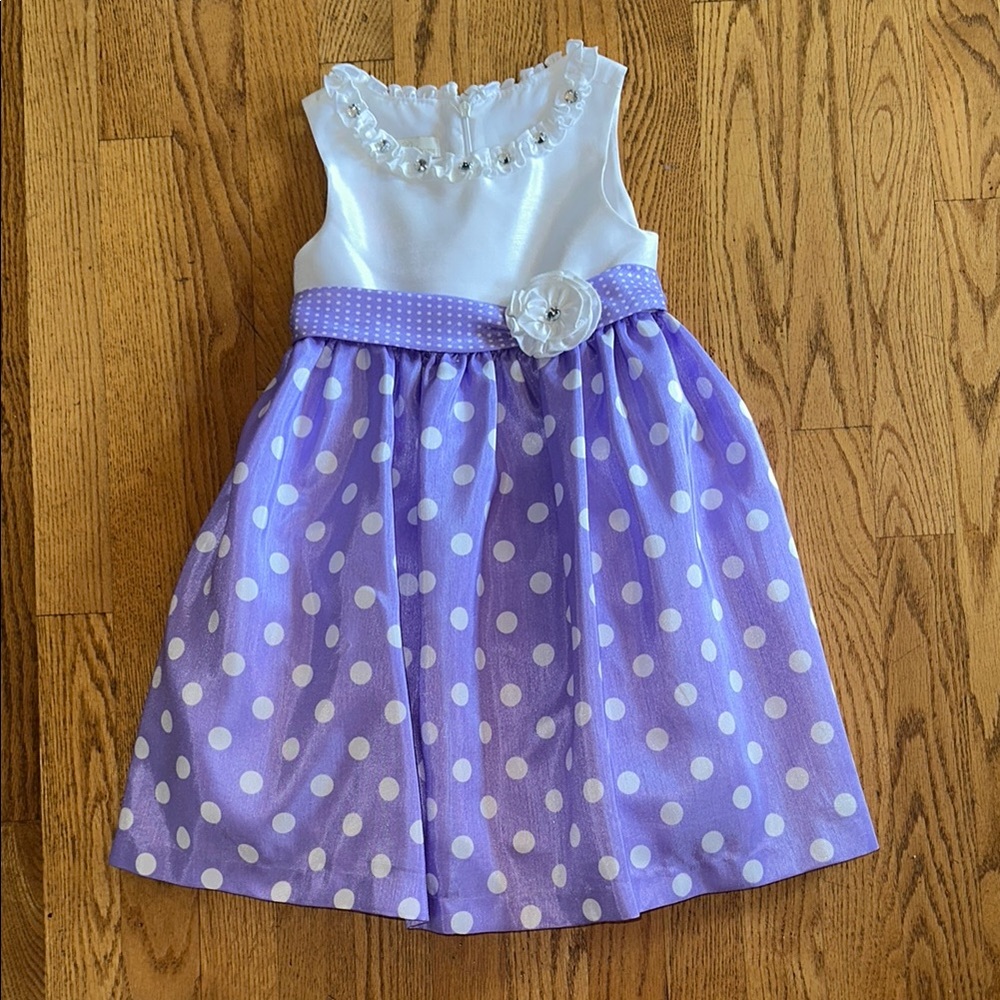 American Princess Satin White and Purple Dress with Ruffled Collar, Size 5